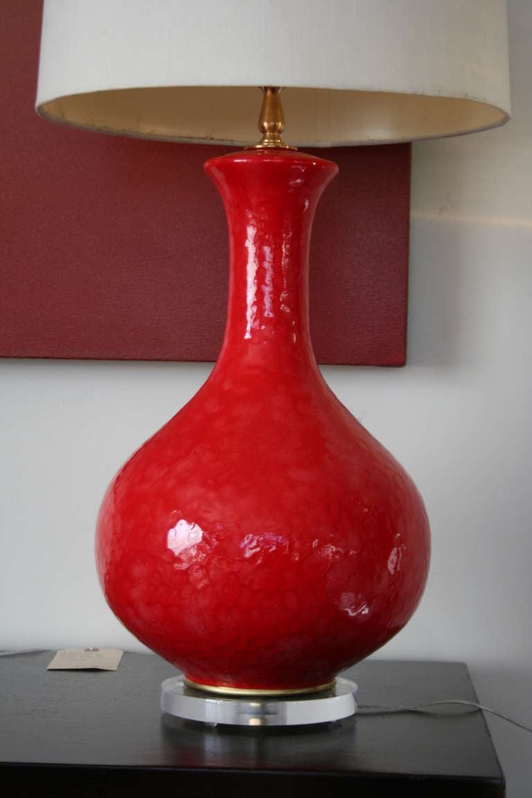 A Vibrant Red Ceramic and Lucite Table Lamp