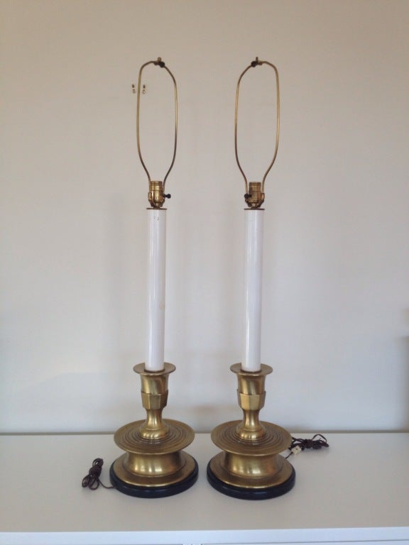20th Century Pair of Brass Candlestick Table Lamps by Frederick Cooper For Sale