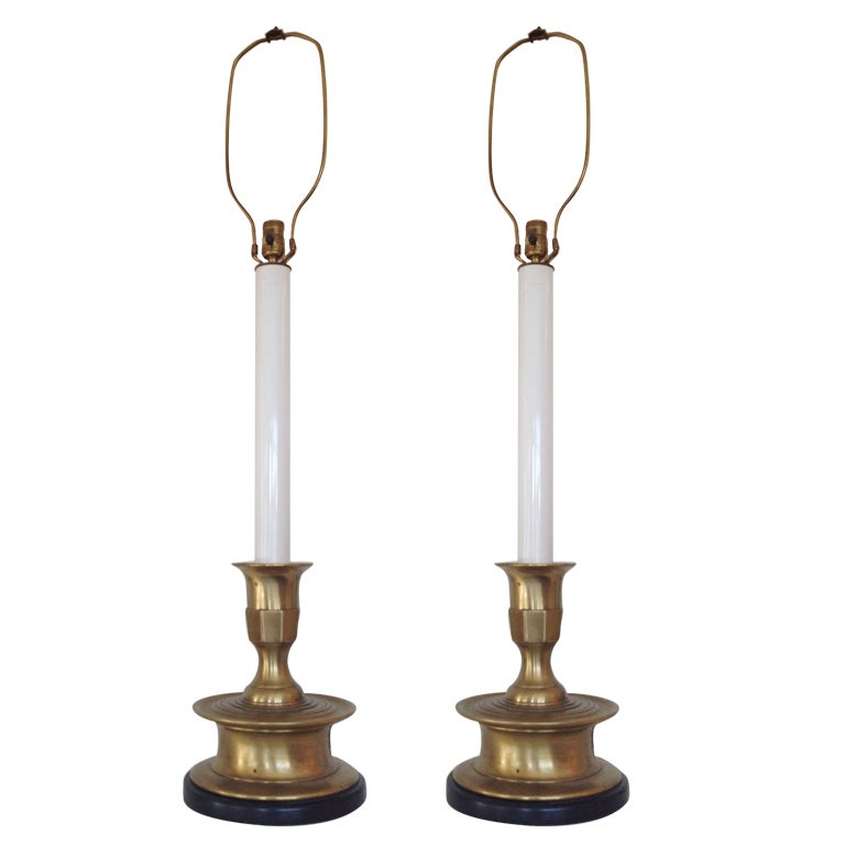 Pair of Brass Candlestick Table Lamps by Frederick Cooper For Sale