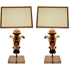 Pair of 19th c water gilt wood cherub lamps.