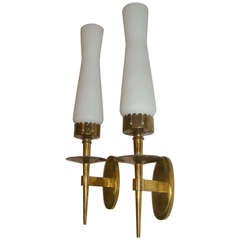 Arredoluce Brass & Glass Sconce Pair Designed by Gio Ponti