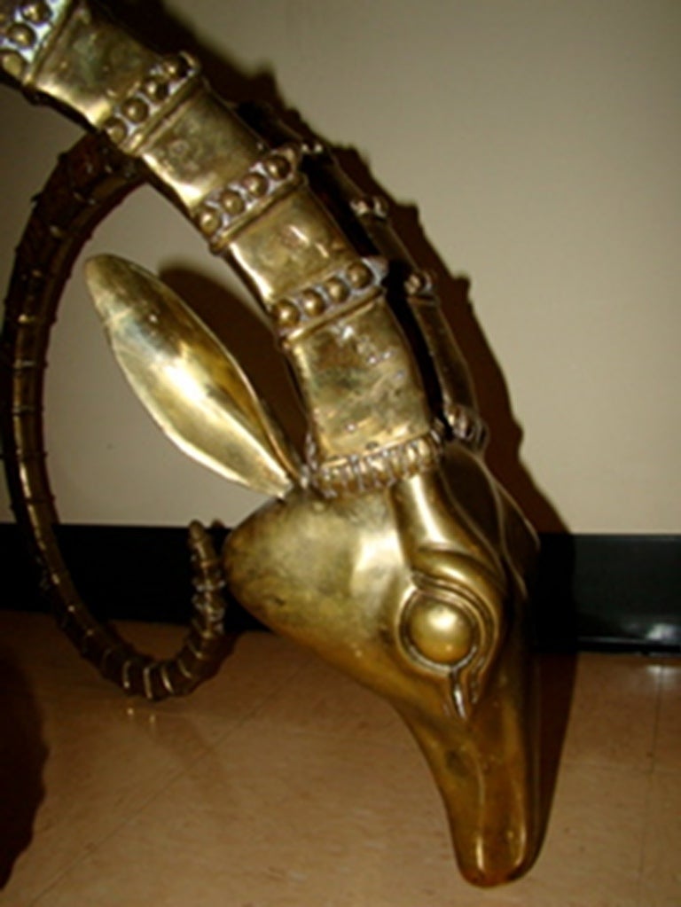 Mid-20th Century Ibex Sculptural Brass Gazelle Rams Head Coffee Table After Chervet