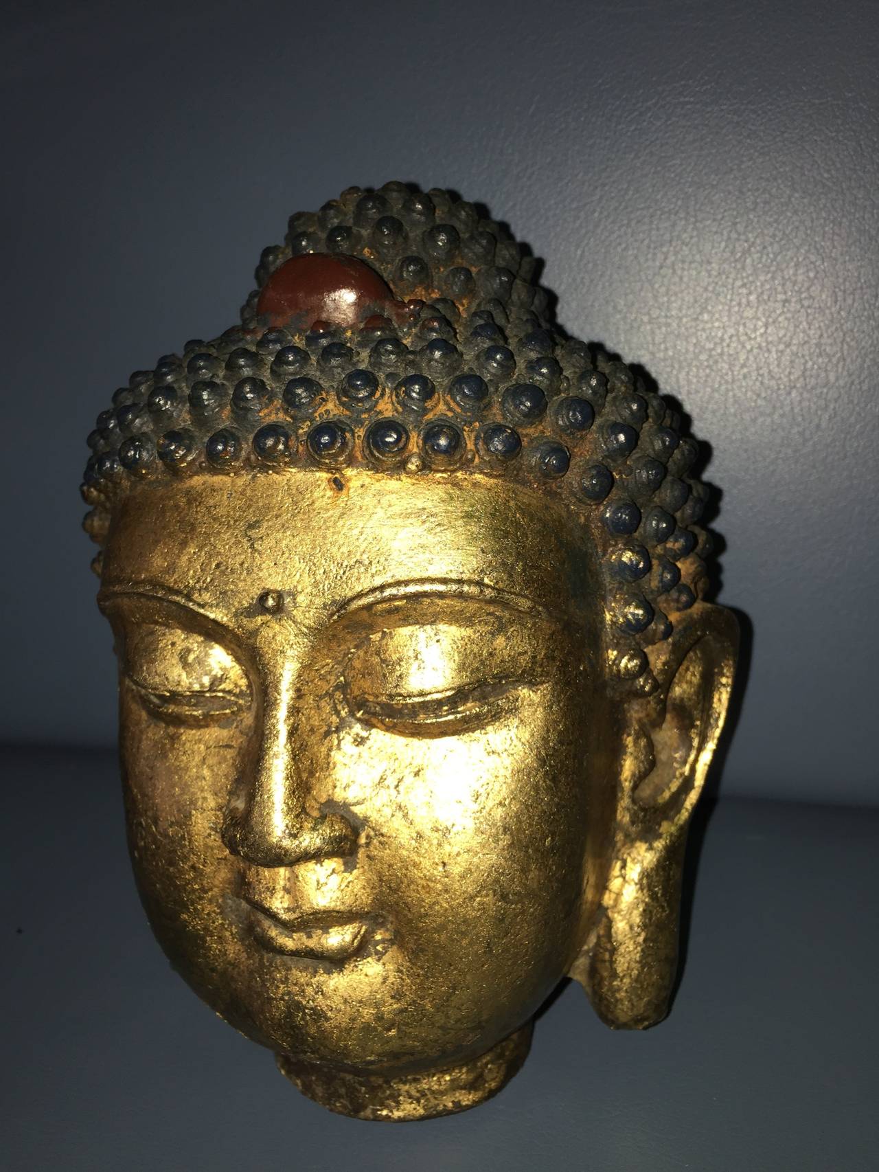 Folk Art Gilded Buddha Mid-Century Head Sculpture
