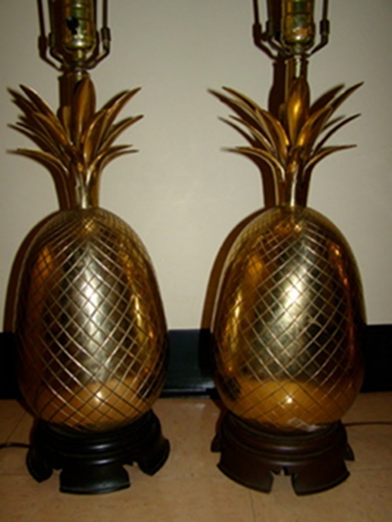 Mid-20th Century Pair of Large Brass Pineapple Table Lamps