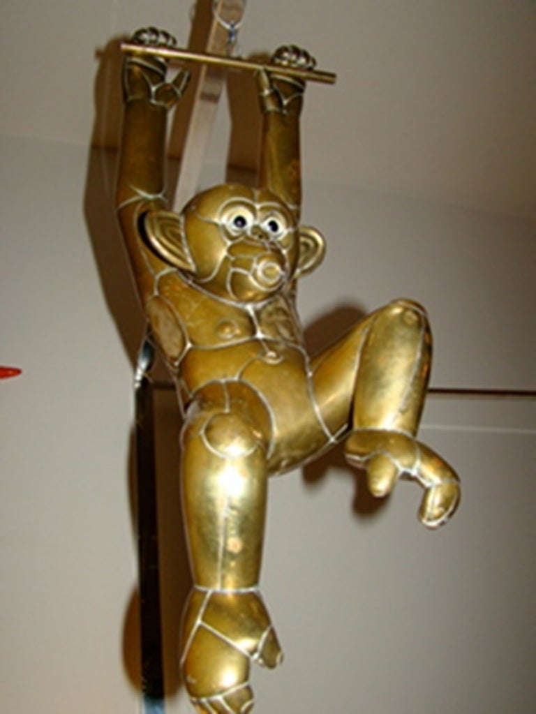 Brass Sergio Bustamante Signed Mixed Metal Hanging Monkey Sculpture