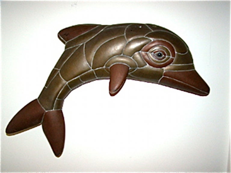 Brass Sergio Bustamante Mixed Metal Dolphin Wall Hanging Sculpture