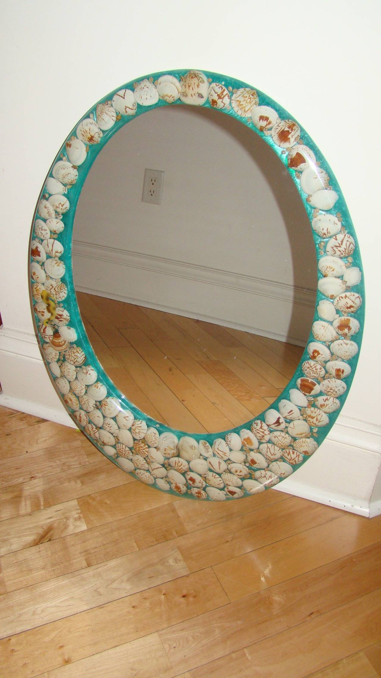 Unknown Lucite Sea Shell Embedded Oval Wall Hanging Mirror