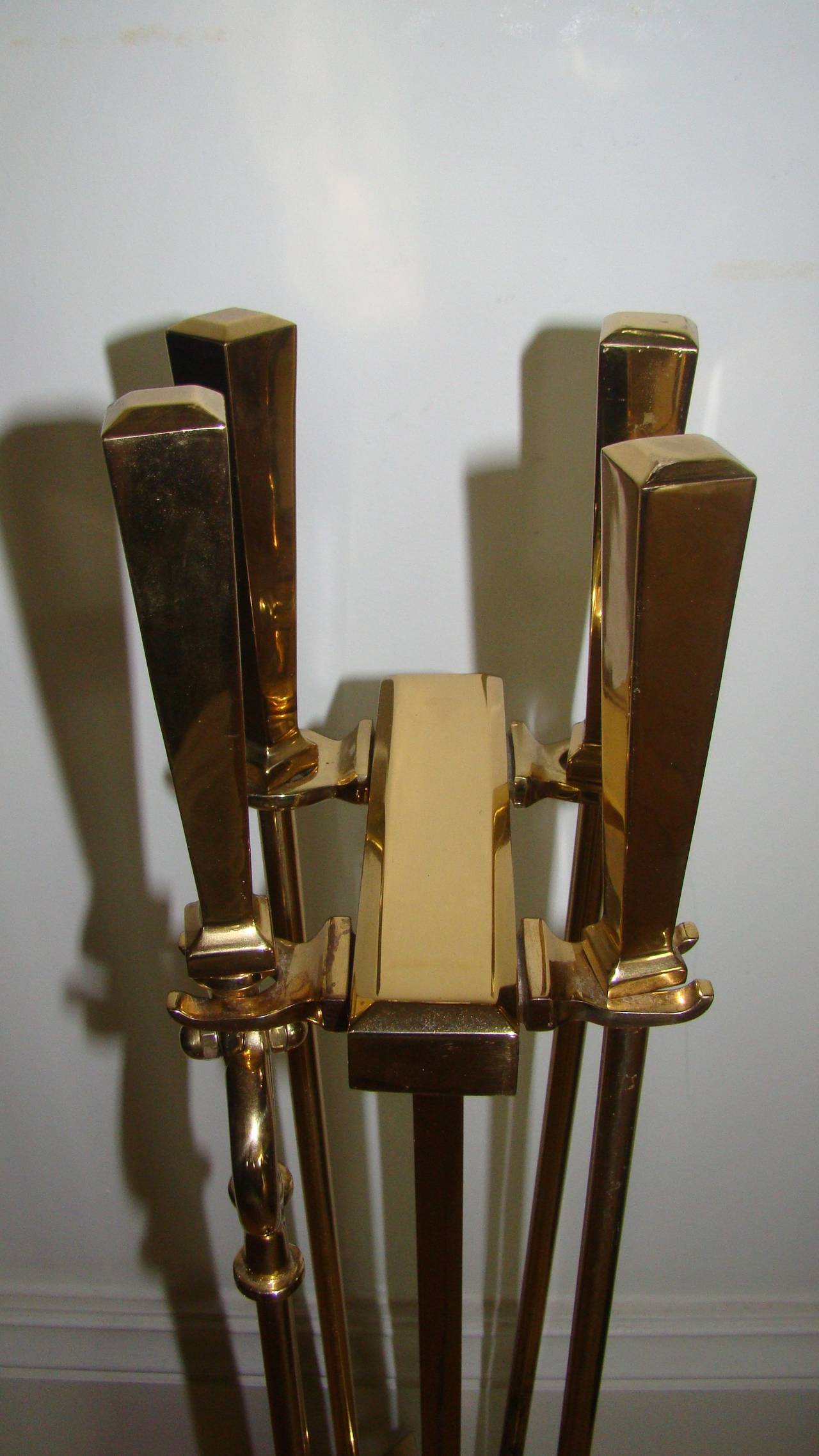 Late 20th Century Sculptural Brass Mid-Century Modern Fire Tool Set
