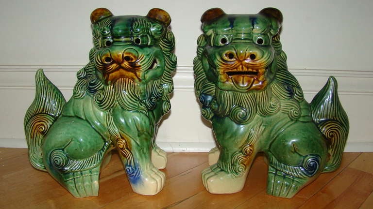 Unknown Pair of Mid Century Glazed Pottery Foo Dog Sculptures