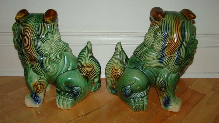 Pair of Mid Century Glazed Pottery Foo Dog Sculptures 2