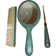 Vintage Art Deco English Shagreen Hand Mirror & Comb Vanity Set