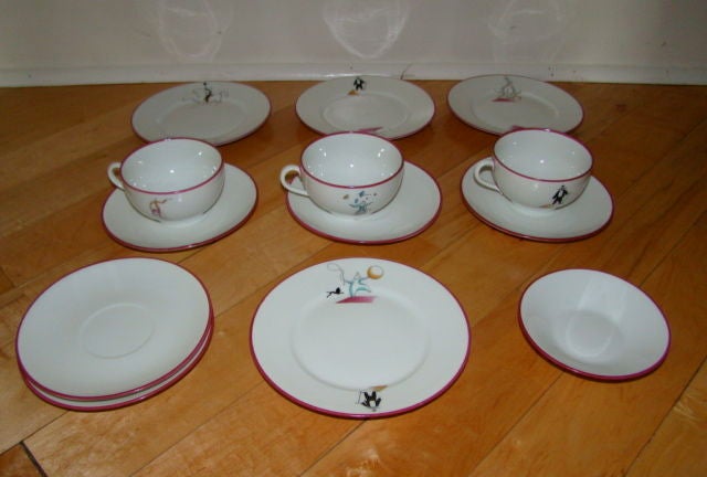 Exceptional Richard Ginori Tea service set designed by Gio Ponti. This beautiful set is Circus Themed and is comprised of 4 Plates with 2 Whimsical Circus Designs on each, 3 cups & saucers with designs on both sides of each cup as well as 2 extra
