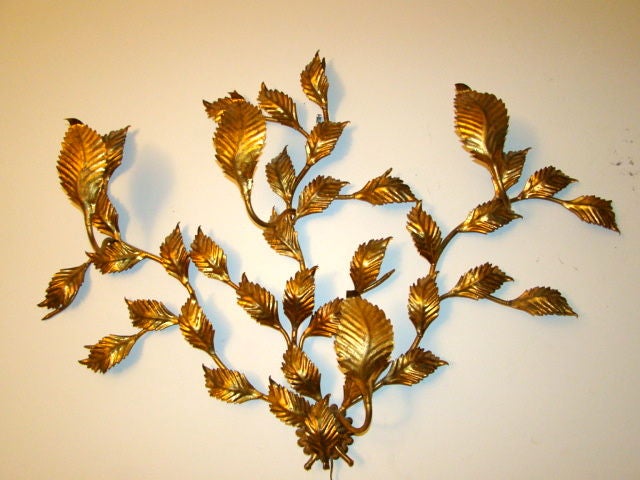 Italian Floral Gold Leaf Sculptural Hanging Wall Sconce Lamp