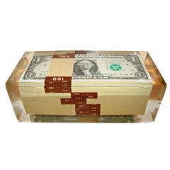 Lucite Encased Stack of Money Uncirculated Bills Sculpture