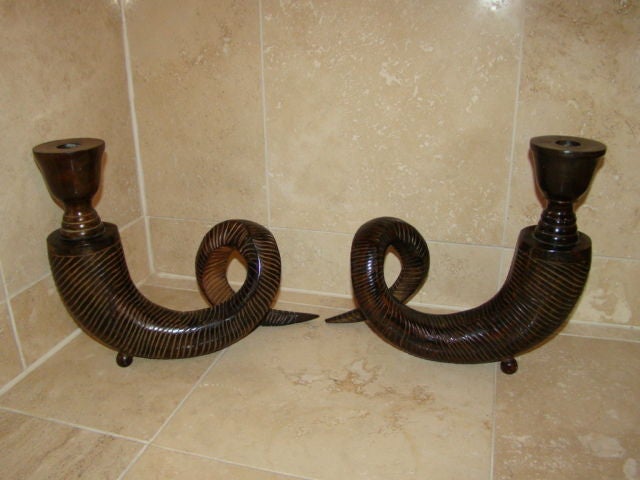 Unique pair of Brass/Bronze Rams Horn Candlesticks by Chapman. Large scale horns with ball feet. Very detailed and well made with warm patina.