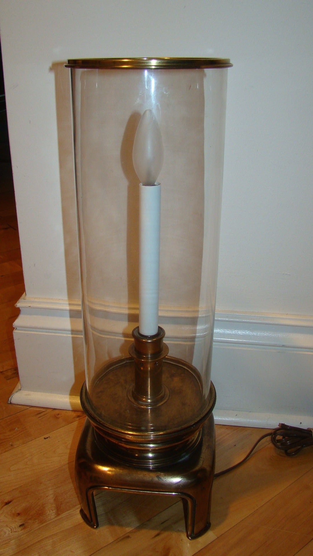 Brass and Glass Tube Sculptural Hurricane Table Lamp In Excellent Condition For Sale In Atlanta, GA