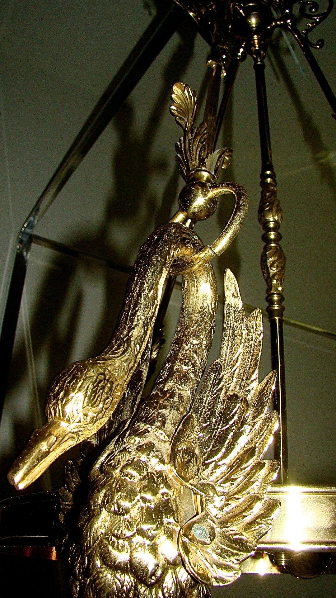 Mid-20th Century Italian Brass Sculptural Large Swan Chandelier Hanging Lamp