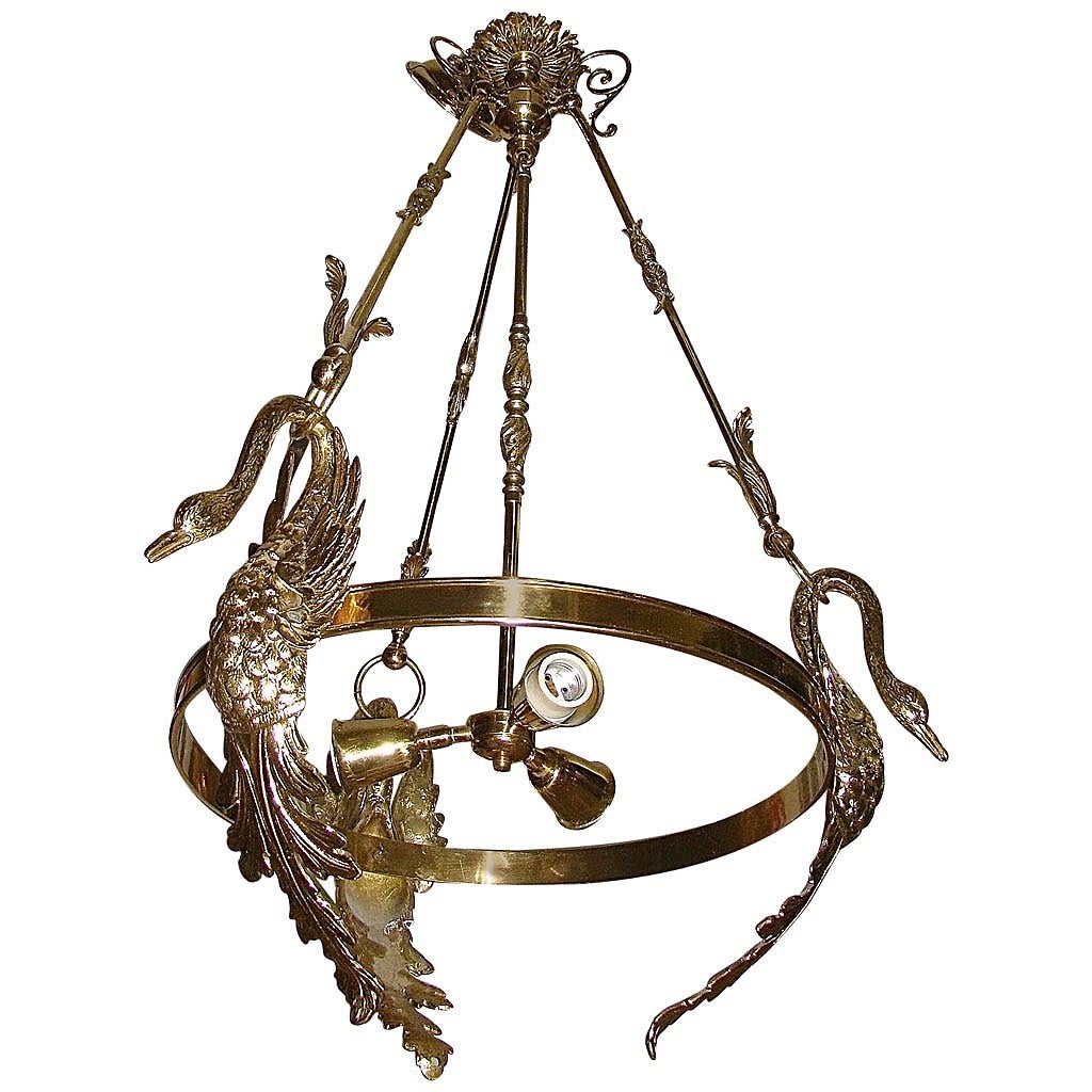 Italian Brass Sculptural Large Swan Chandelier Hanging Lamp