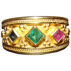 18-Karat Gold Emerald Sapphire and Ruby Antique Etruscan Ring