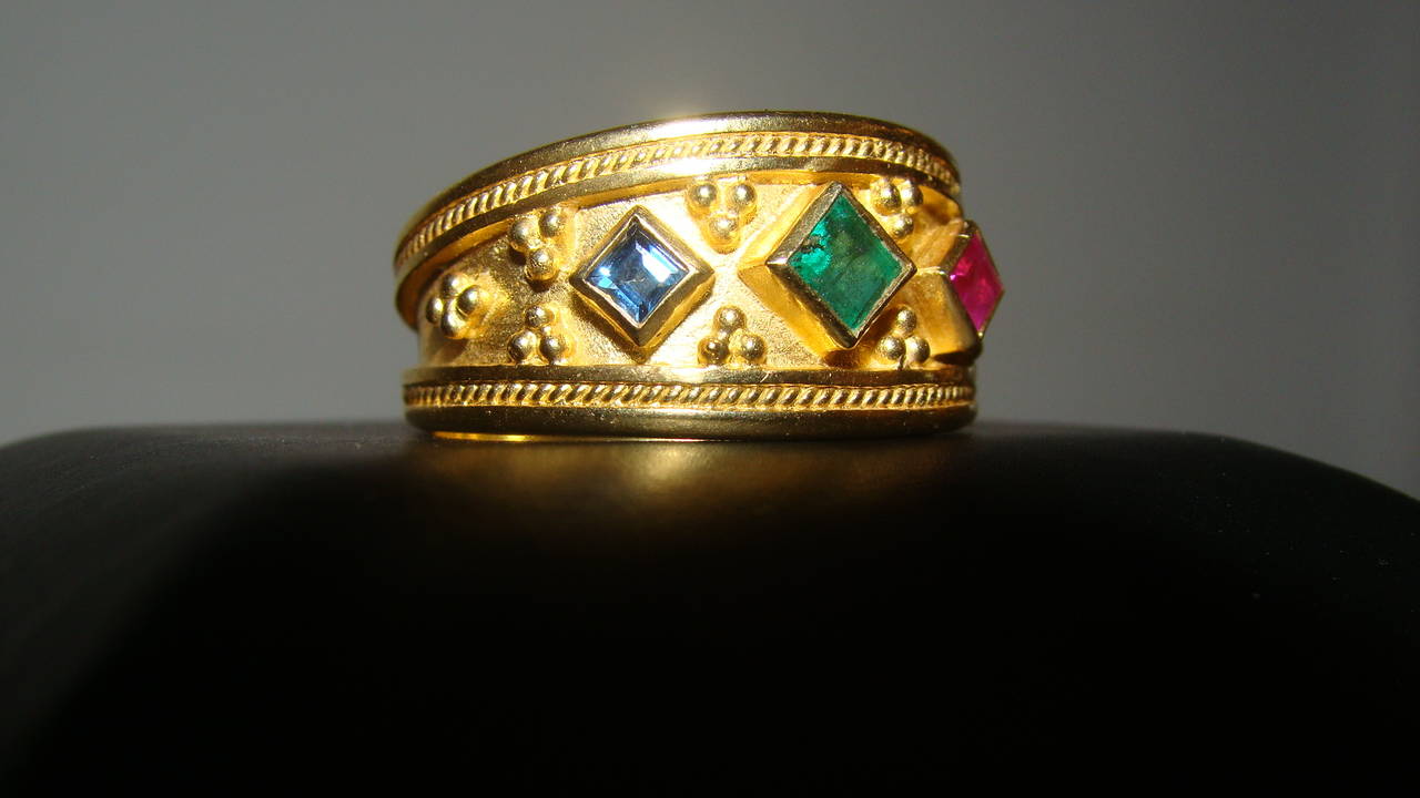 Italian 18-Karat Gold Emerald Sapphire and Ruby Antique Etruscan Ring