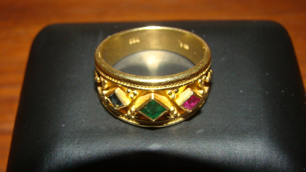 18-Karat Gold Emerald Sapphire and Ruby Antique Etruscan Ring 1