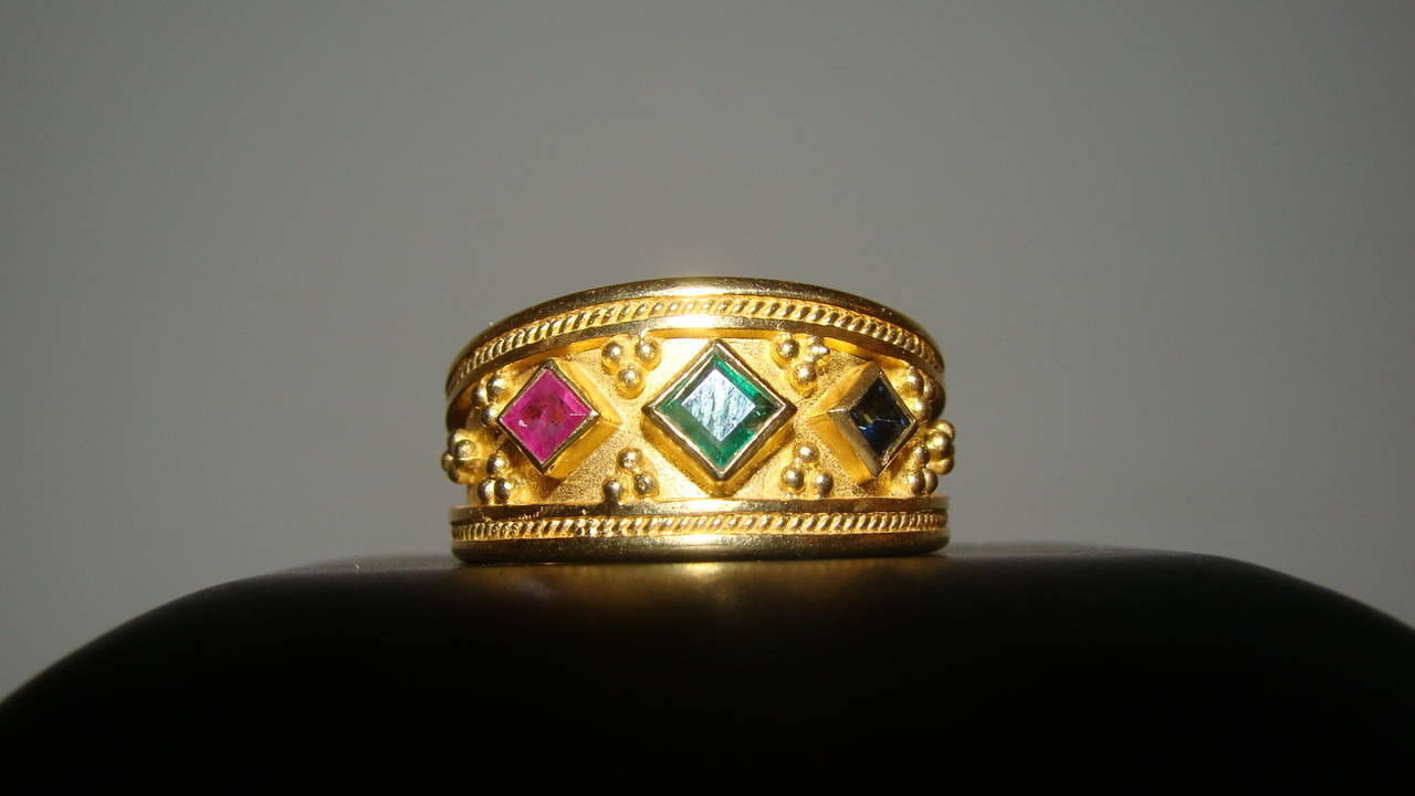 18-Karat Gold Emerald Sapphire and Ruby Antique Etruscan Ring 2