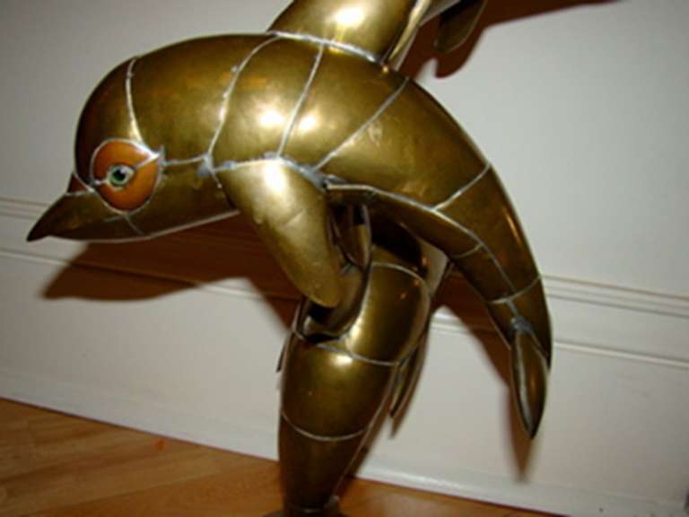 Brass Sergio Bustamante Mixed Metal Trio Of Dolphins Sculpture