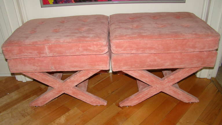 Beautiful pair of Upholstered X stools/benches/ottomans in the style of Billy Baldwin or Milo Baughman.