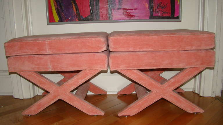 American Pair of Sculptural Pink X Stools / Benches