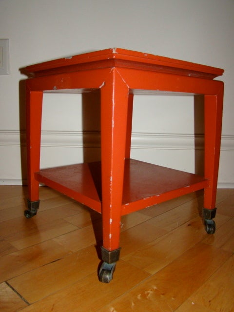Tommi Parzinger Orange Lacquered Rolling Side Table