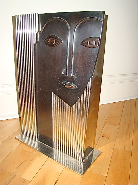 Nickel Art Deco Large Machine Age Hagenauer Style Womens Face Sculpture Vase