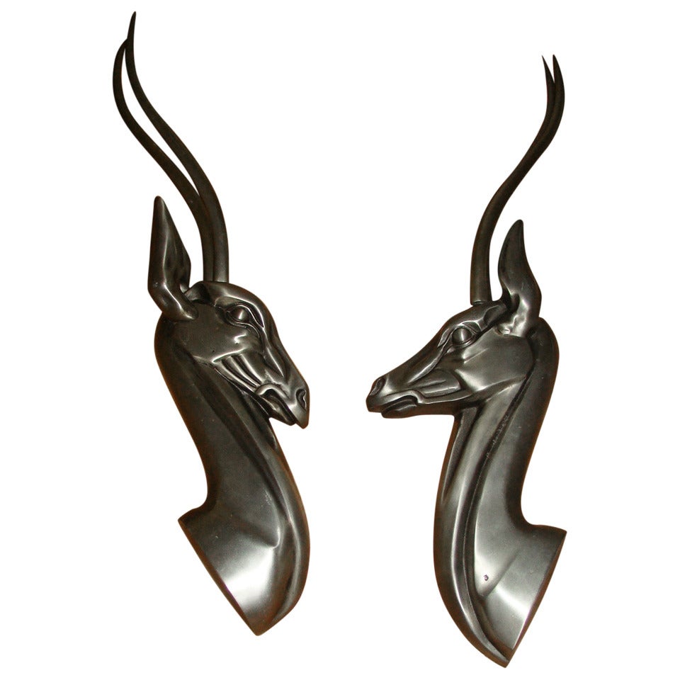 Aluminum Ibex Gazelle Wall Hanging Sculpture Pair