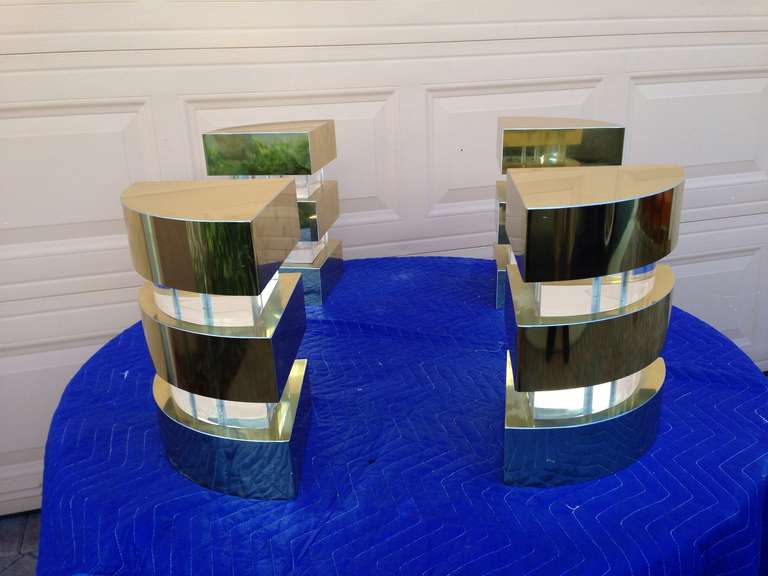 Terrific Sculptural Brass & Lucite Puzzle Coffee Table. Comprised of 4 corners which can be positioned in a number of ways with the glass of your choosing.