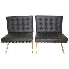 Knoll Signed Mies Van Der Rohe Black Leather Barcelona Chairs Pair