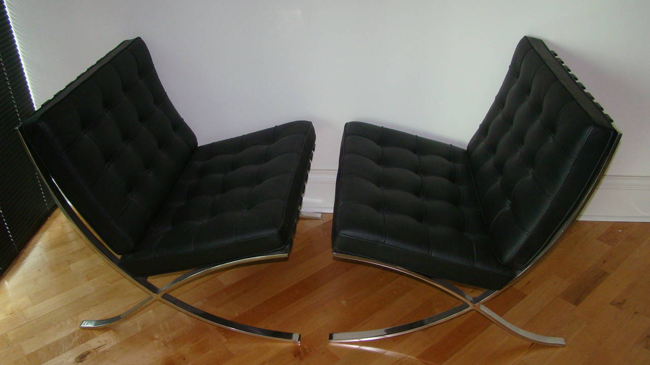 Beautiful pair of Original Signed Knoll Studio Mies Van Der Rohe Black Leather Barcelona Lounge Chairs. These chairs are like new dating from 2002. Classic black tufted leather with chrome frame. Signed in the metal Knoll Studio with Mies Van Der