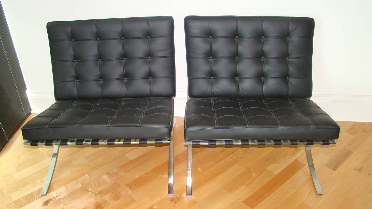 Knoll Signed Mies Van Der Rohe Black Leather Barcelona Chairs Pair 4