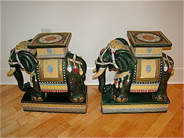 Pair of Glazed Terracotta Elephant Garden Tables/ Stools 5