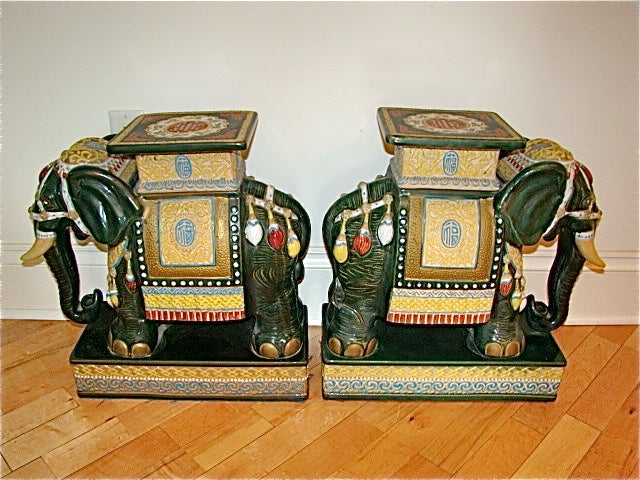 Exceptional pair of matching hand painted & glazed Terracotta Elephant Garden Tables/Stools/Seats. Beautiful vibrent colors!