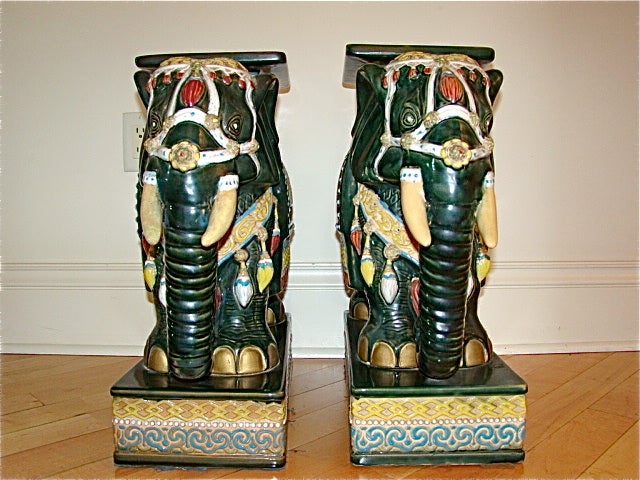 Vietnamese Pair of Glazed Terracotta Elephant Garden Tables/ Stools