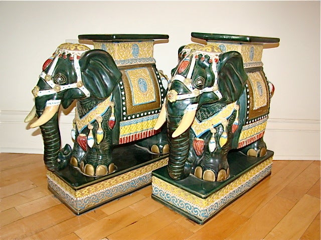 Pair of Glazed Terracotta Elephant Garden Tables/ Stools In Excellent Condition In Atlanta, GA