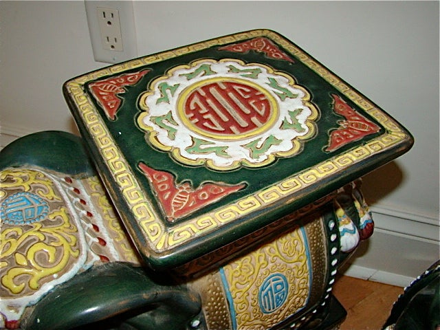 Mid-20th Century Pair of Glazed Terracotta Elephant Garden Tables/ Stools