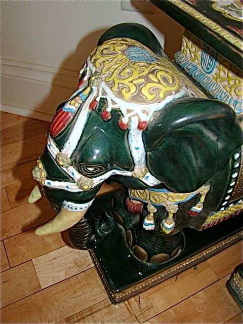 Pair of Glazed Terracotta Elephant Garden Tables/ Stools 1