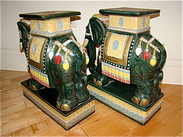 Pair of Glazed Terracotta Elephant Garden Tables/ Stools 3