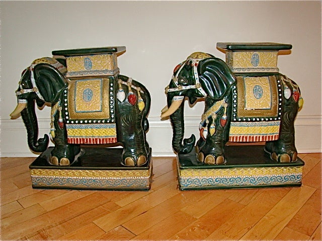 Pair of Glazed Terracotta Elephant Garden Tables/ Stools 4