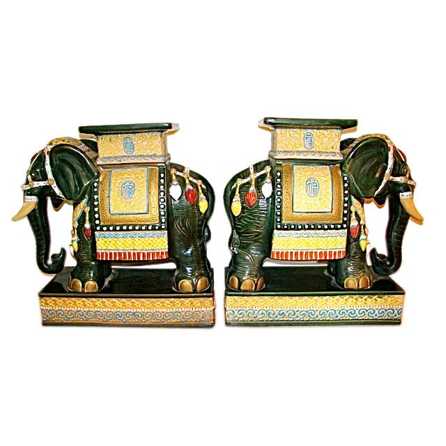 Pair of Glazed Terracotta Elephant Garden Tables/ Stools
