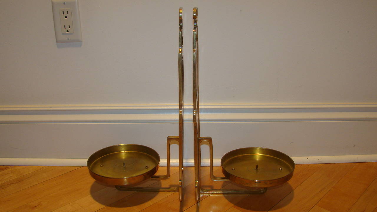 Late 20th Century Pair of Sarreid Brass Sculptural Mid-Century Candleholders