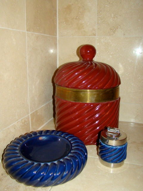 Late 20th Century Tommaso Barbi Ice Bucket & Ashtray/Lighter Italian Ceramic Set