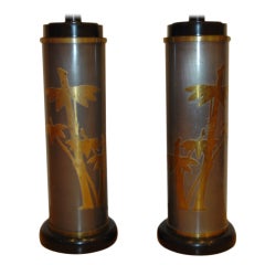 James Mont Pair Of Column Lamps With Asian Modern Brass Detail