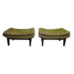 James Mont Pair of Oversized Green Leather Stools Ottomans