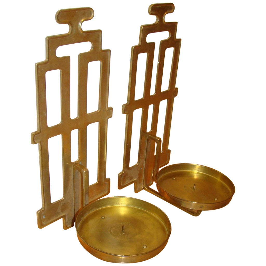 Pair of Sarreid Brass Sculptural Mid-Century Candleholders